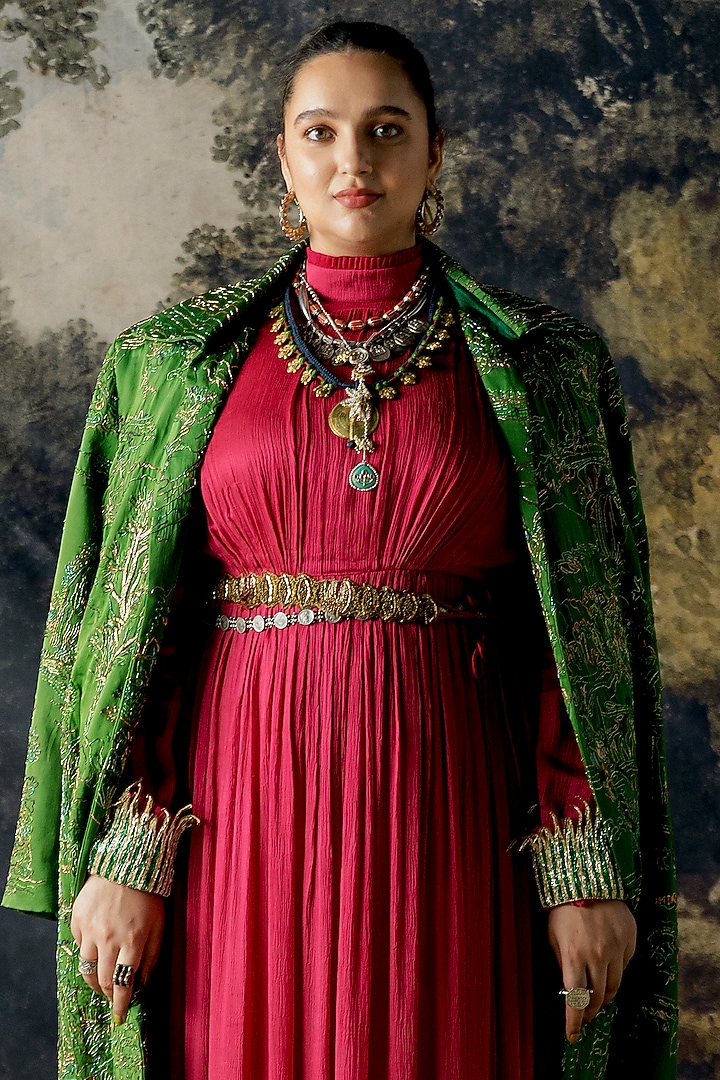 Cerise Pink Embroidered Bridal Gown With Coat by A Humming Way at Pernia's Pop Up Shop