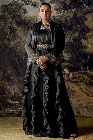 Charcoal Grey Frilled Gown With Jacket by A Humming Way