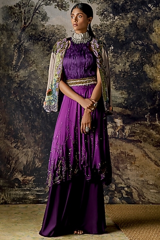 Purple & Gold Iris Embroidered Jacket Lehenga by A Humming Way