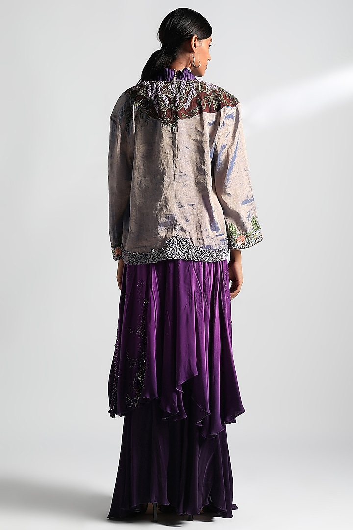 Purple & Gold Iris Embroidered Jacket Wedding Lehenga by A Humming Way at Pernia's Pop Up Shop