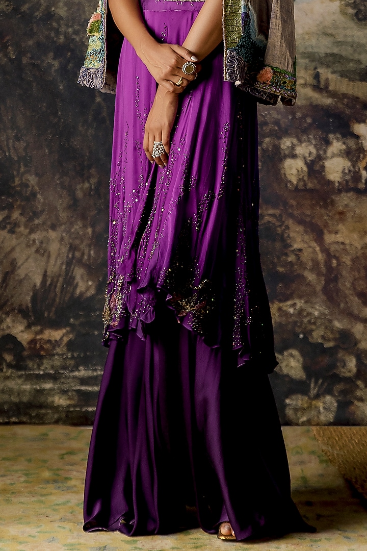 Purple & Gold Iris Embroidered Jacket Wedding Lehenga by A Humming Way at Pernia's Pop Up Shop