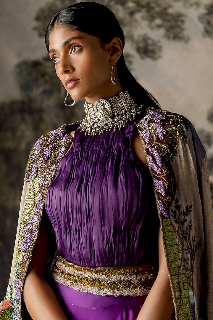 Purple & Gold Iris Embroidered Jacket Wedding Lehenga by A Humming Way at Pernia's Pop Up Shop