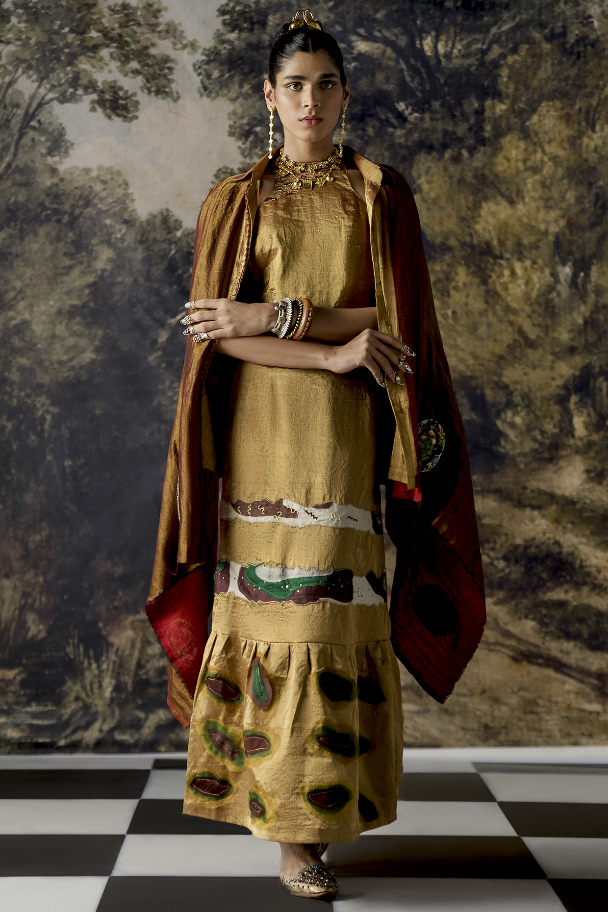Antique Gold Chanderi Tissue Wedding Lehenga Set With Stole by A Humming Way at Pernia's Pop Up Shop