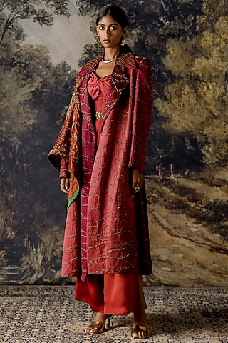 Red Linen Satin Jumpsuit With Overcoat by A Humming Way