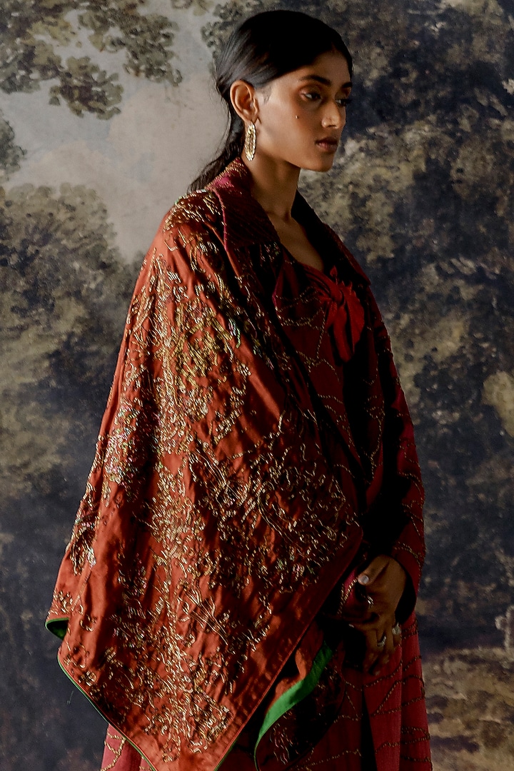 Red Linen Satin Jumpsuit With Overcoat by A Humming Way at Pernia's Pop Up Shop