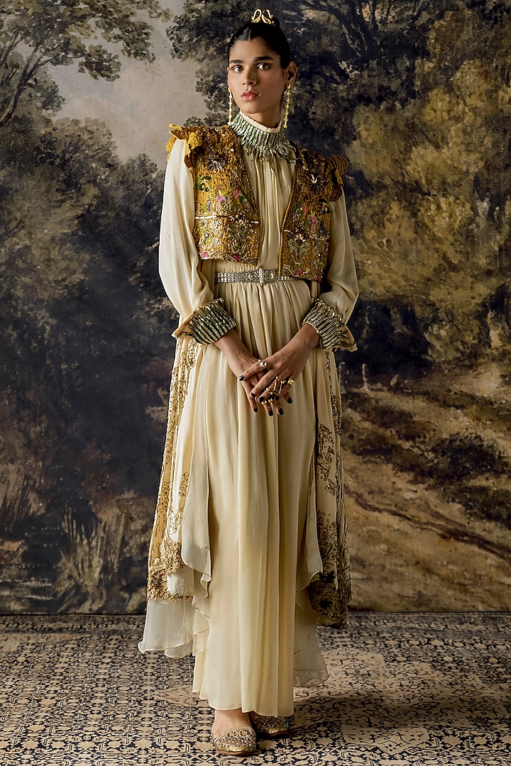 Ivory Embroidered Gown With Cape, Blouse & Dupatta by A Humming Way