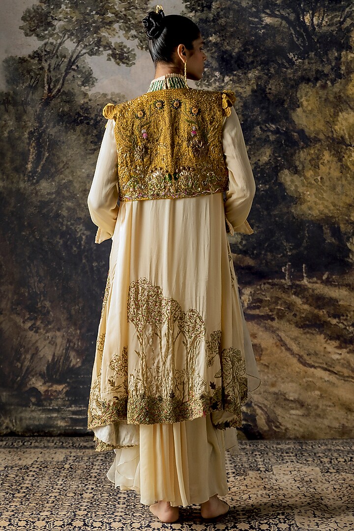 Ivory Embroidered Bridal Gown With Cape, Blouse & Dupatta by A Humming Way at Pernia's Pop Up Shop
