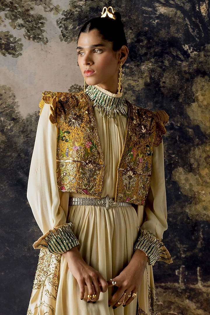 Ivory Embroidered Bridal Gown With Cape, Blouse & Dupatta by A Humming Way at Pernia's Pop Up Shop