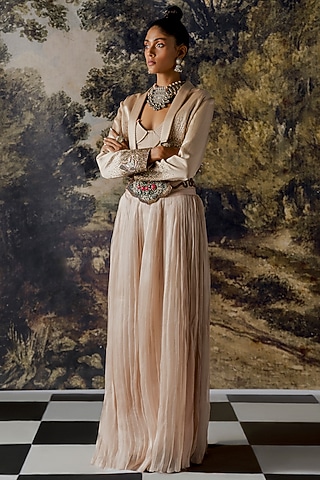 Blush Grey Embroidered Jacket Set by A Humming Way