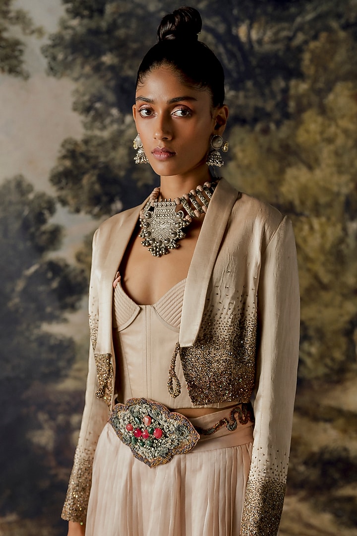 Blush Grey Embroidered Jacket Set by A Humming Way at Pernia's Pop Up Shop