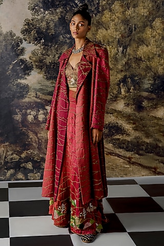 Red Hand Embroidered Jacket Lehenga Set by A Humming Way