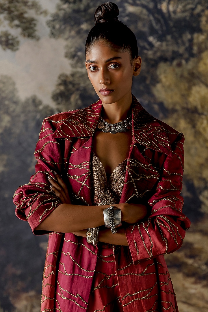 Red Hand Embroidered Jacket Bridal Lehenga Set by A Humming Way at Pernia's Pop Up Shop