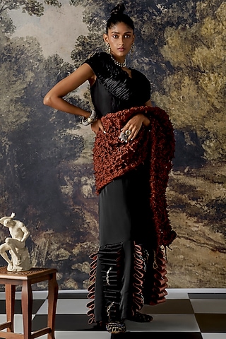 Black Satin Organza Lehenga Set With Stole by A Humming Way