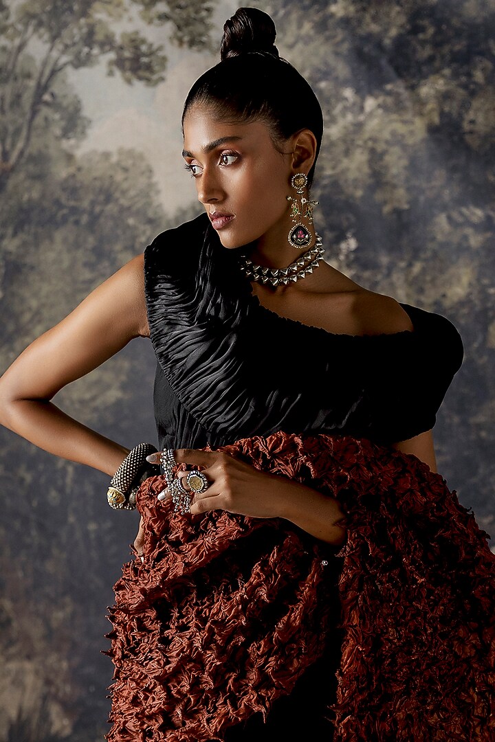 Black Satin Organza Wedding Lehenga Set With Stole by A Humming Way at Pernia's Pop Up Shop