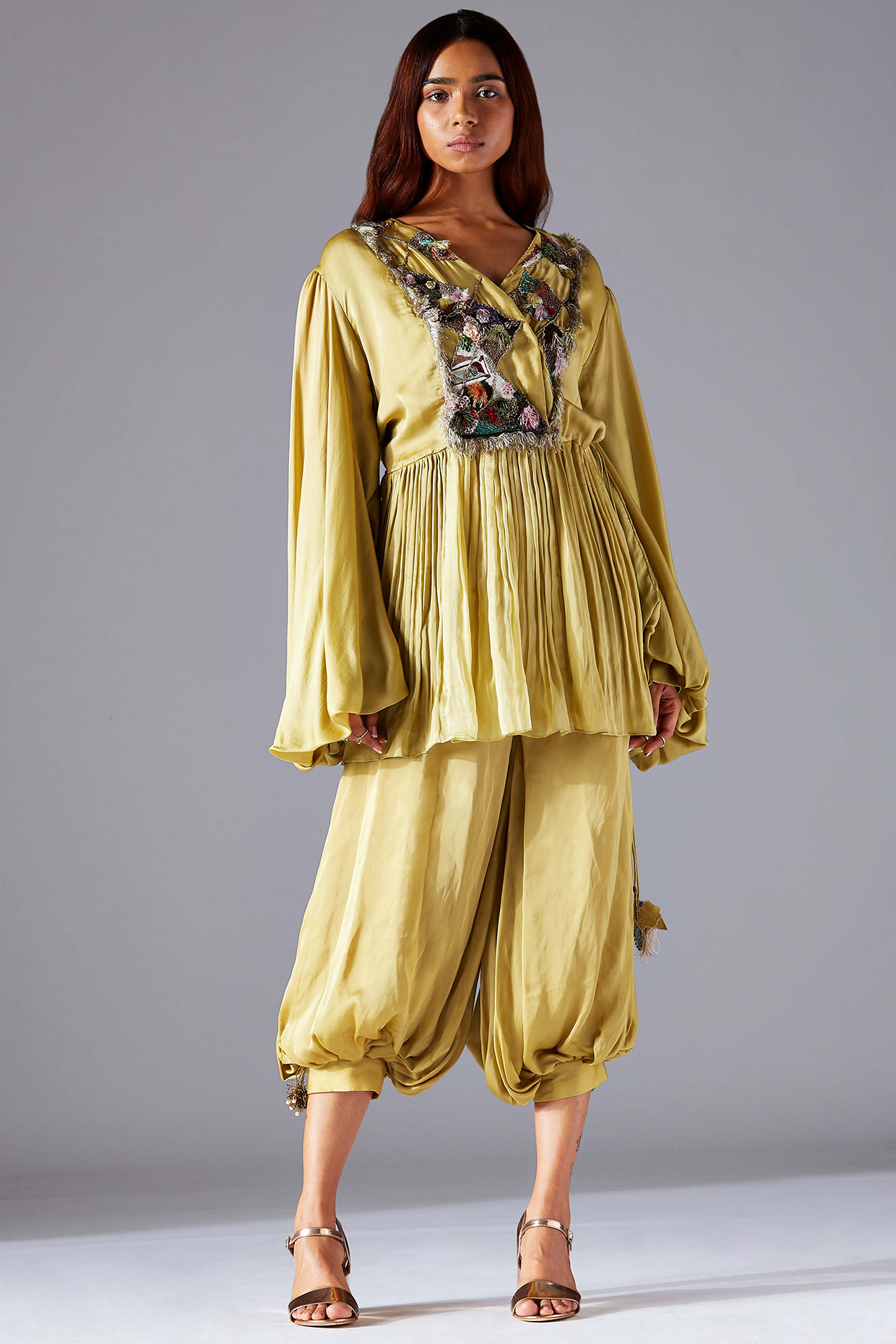 Light Oxide Olive Wrap Tunic Set by A Humming Way at Pernia's Pop Up Shop