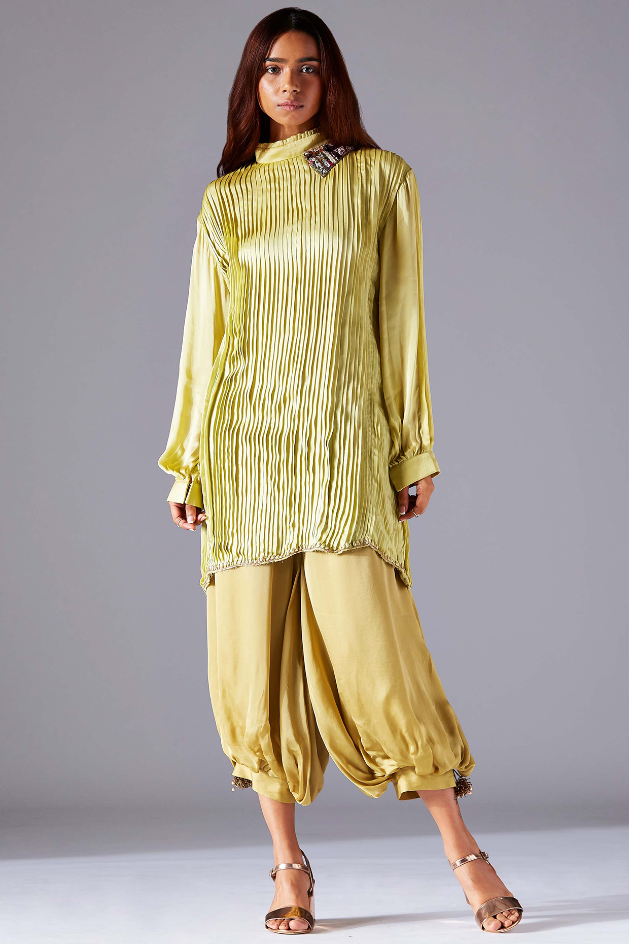 Light Oxide Olive Pleated Tunic Set by A Humming Way at Pernia's Pop Up Shop