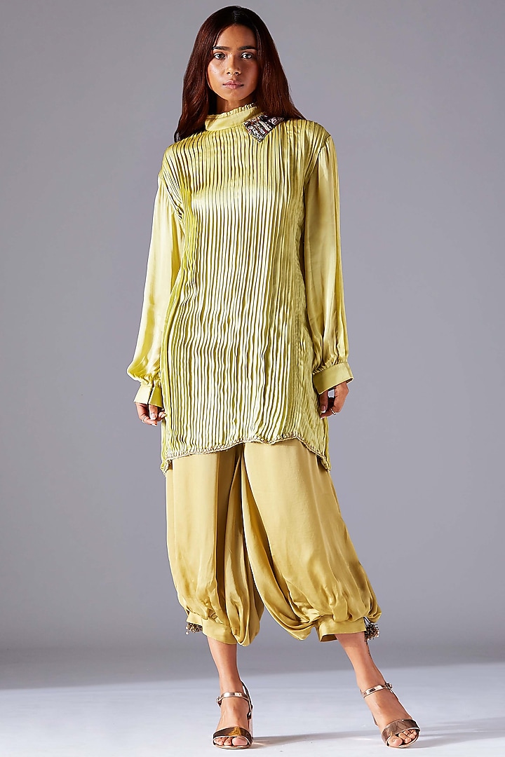Light Oxide Olive Pleated Tunic Set by A Humming Way at Pernia's Pop Up Shop