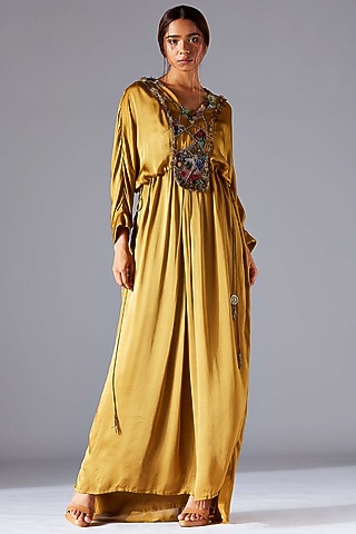 Martina Olive Georgette Satin Kaftan by A Humming Way