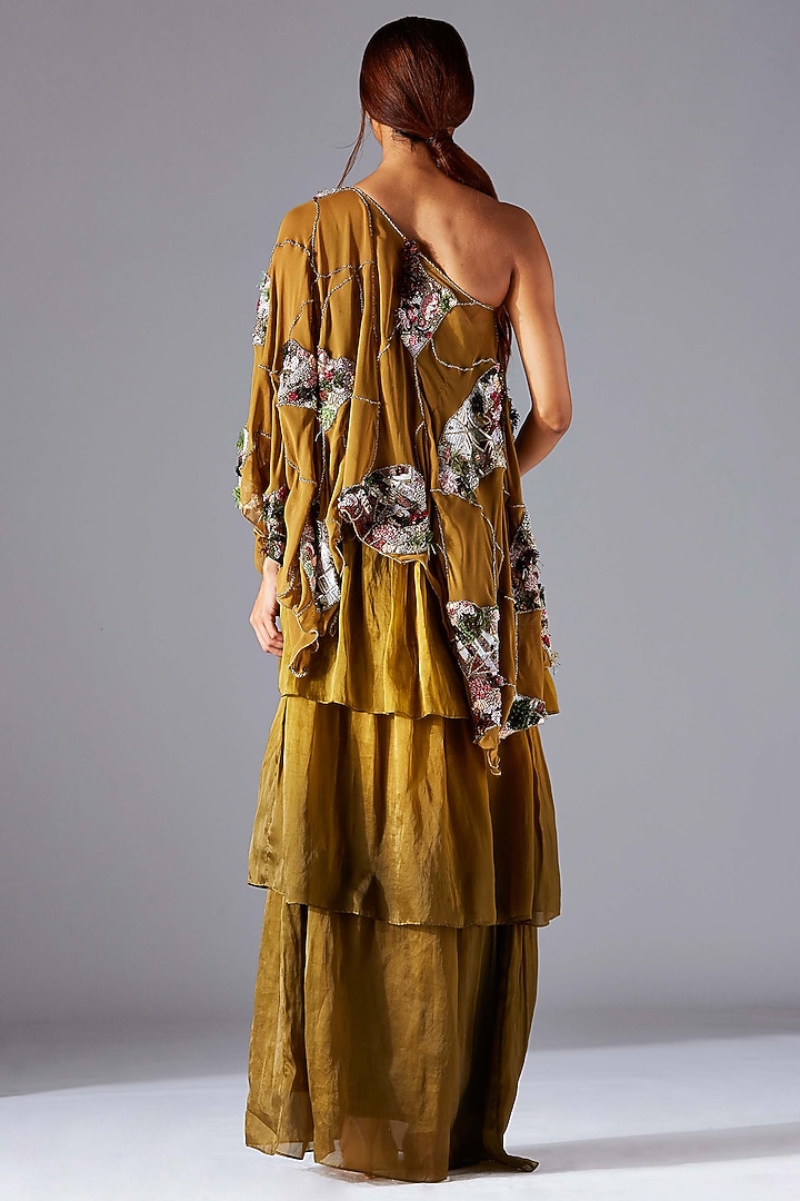 Martina Olive Tiered Cocktail Dress With Kaftan Cape by A Humming Way at Pernia's Pop Up Shop
