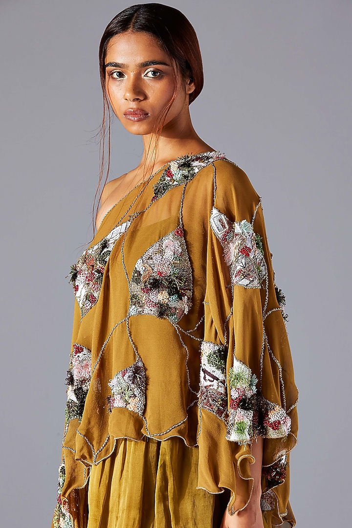 Martina Olive Tiered Cocktail Dress With Kaftan Cape by A Humming Way at Pernia's Pop Up Shop