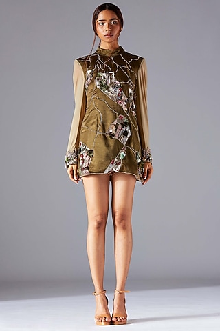 Dark Moss Green Linen Satin Tunic by A Humming Way