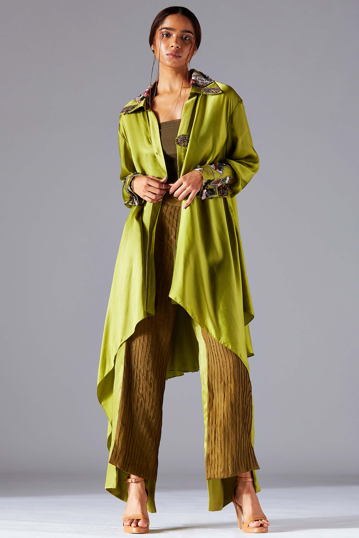 May Green & Dark Olive Pant Set by A Humming Way at Pernia's Pop Up Shop