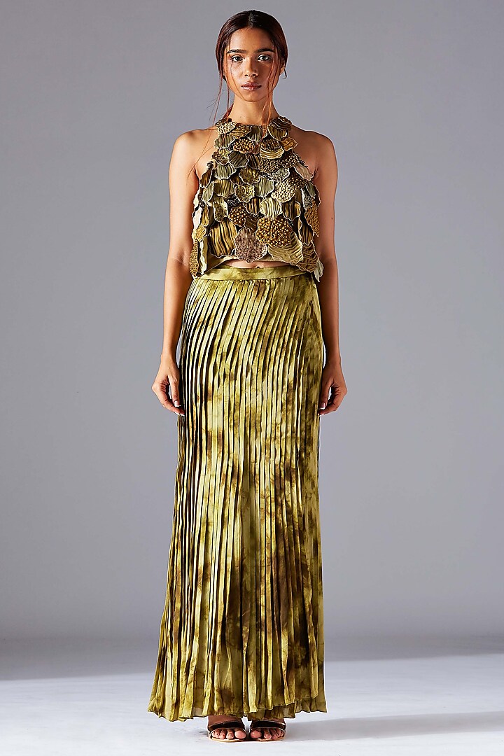 Moss Green Pleated Wrap Skirt Set by A Humming Way at Pernia's Pop Up Shop