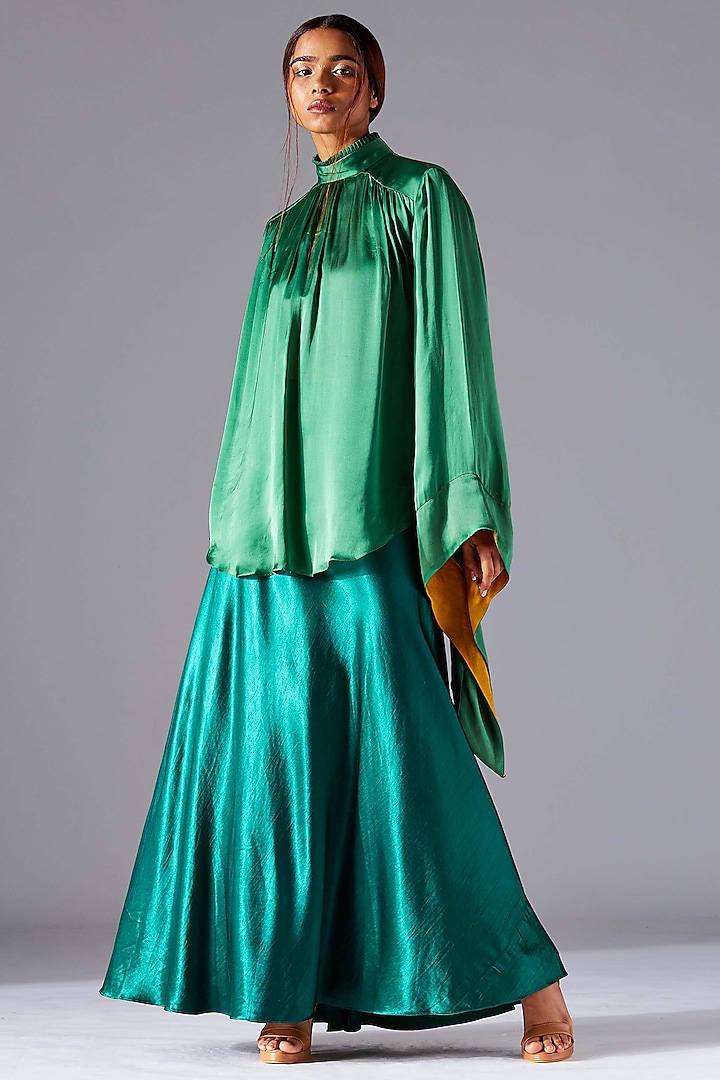 Emerald Green Mashru Silk Skirt Set by A Humming Way