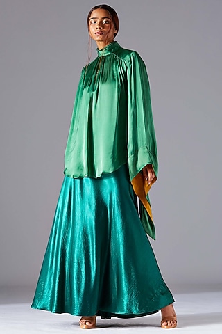 Emerald Green Mashru Silk Skirt Set by A Humming Way
