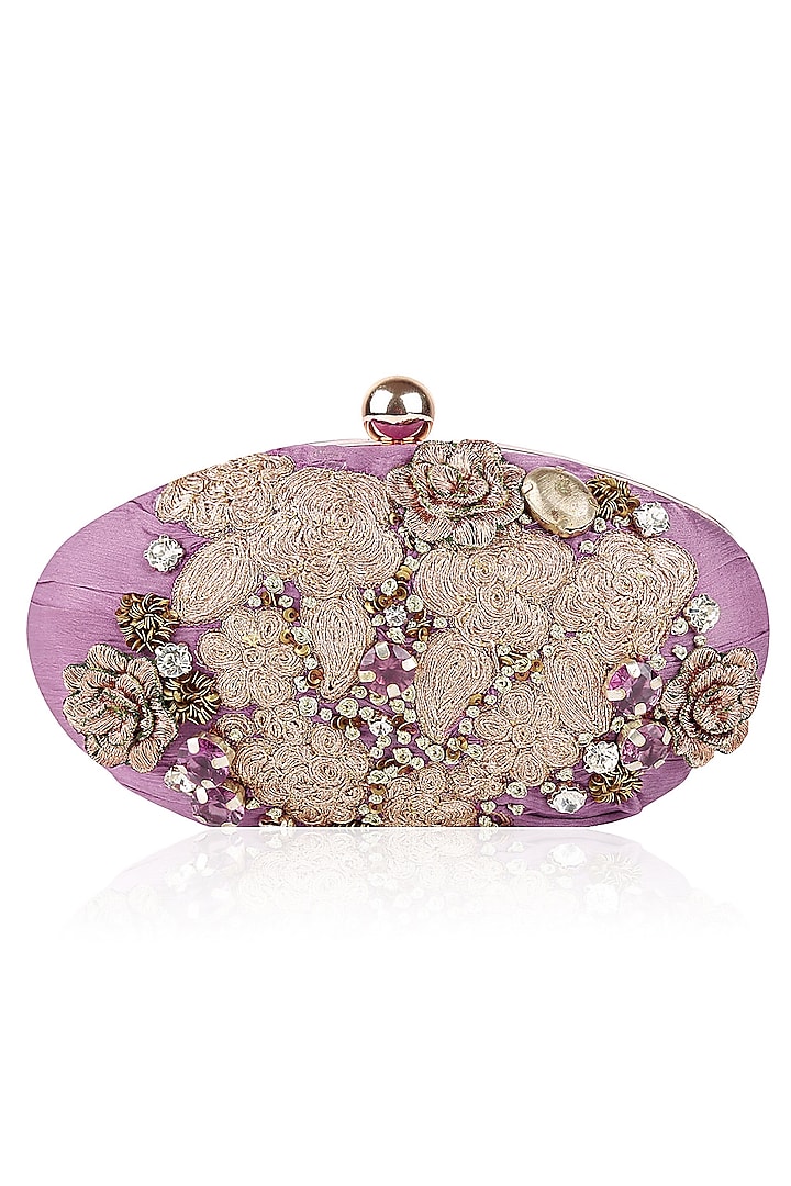Mauve Pink and Gold Embroidered Box Clutch by Aharin India