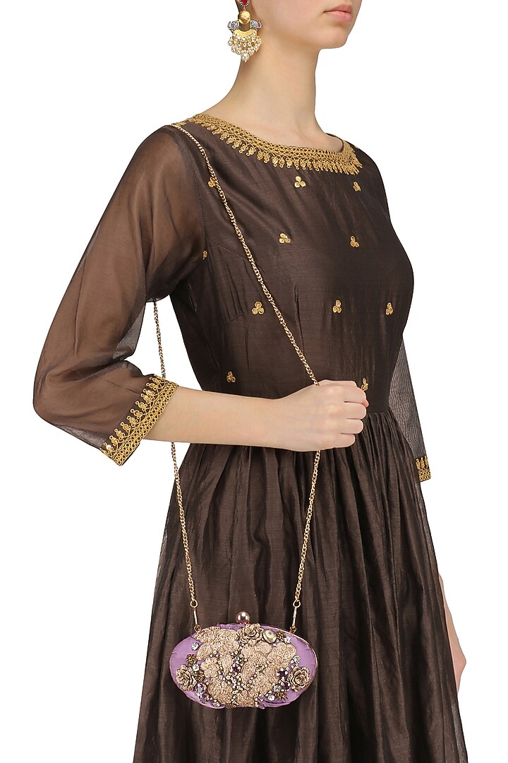 Aharin India presents Mauve pink and gold embroidered box clutch available only at Pernia's Pop Up Shop.
