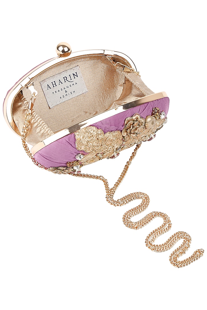 Aharin India presents Mauve pink and gold embroidered box clutch available only at Pernia's Pop Up Shop.