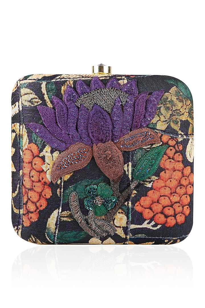 Aharin India presents Navy blue floral print and zardozi work box clutch available only at Pernia's Pop Up Shop.
