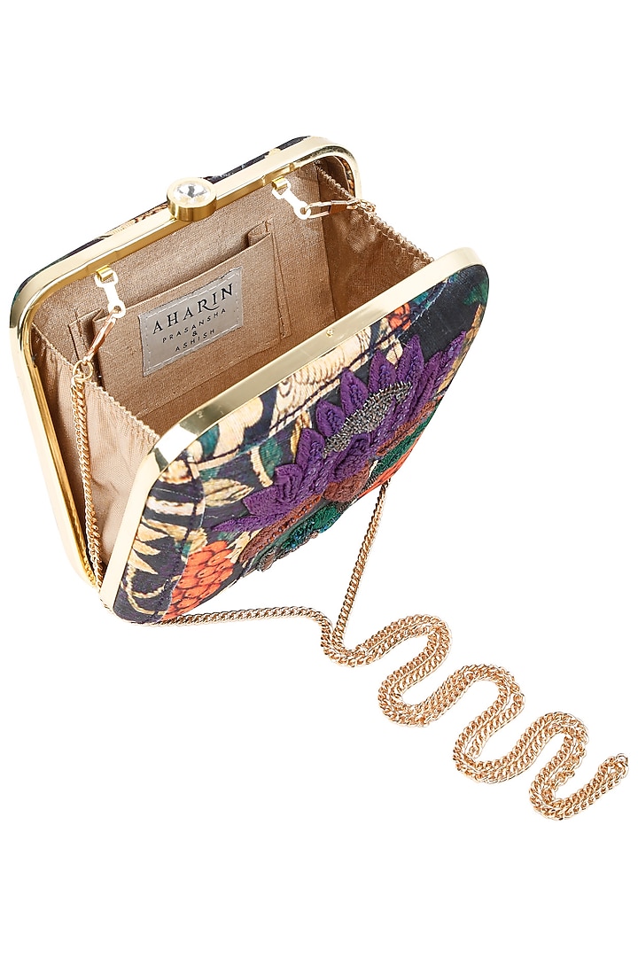 Aharin India presents Navy blue floral print and zardozi work box clutch available only at Pernia's Pop Up Shop.