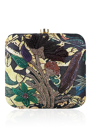 Navy Blue Floral Print and Zardozi Work Box Clutch by Aharin India