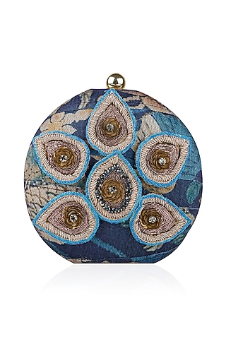 Navy Blue Forest Print and Leaf Embroidered Box Clutch by Aharin India