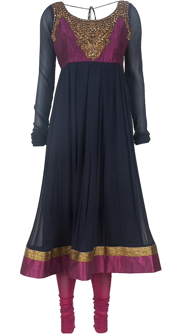 Blue Yoke Purple Anarkali kurta set in gold available only at Pernia's Pop-Up Shop.