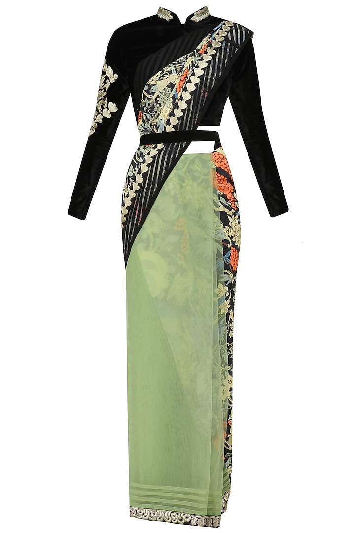Pastel Green Embroidered Saree with Blouse and Waistbelt by Aharin India