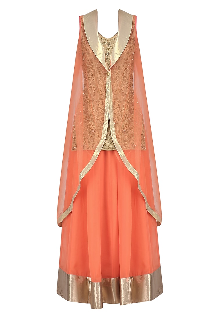 Gold embroidered long kurta with orange skirt and cape available only at Pernia's Pop Up Shop.