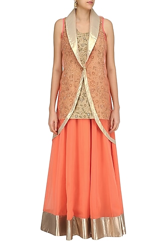 Gold Embroidered Long Kurta with Orange Skirt and Cape by Aharin India