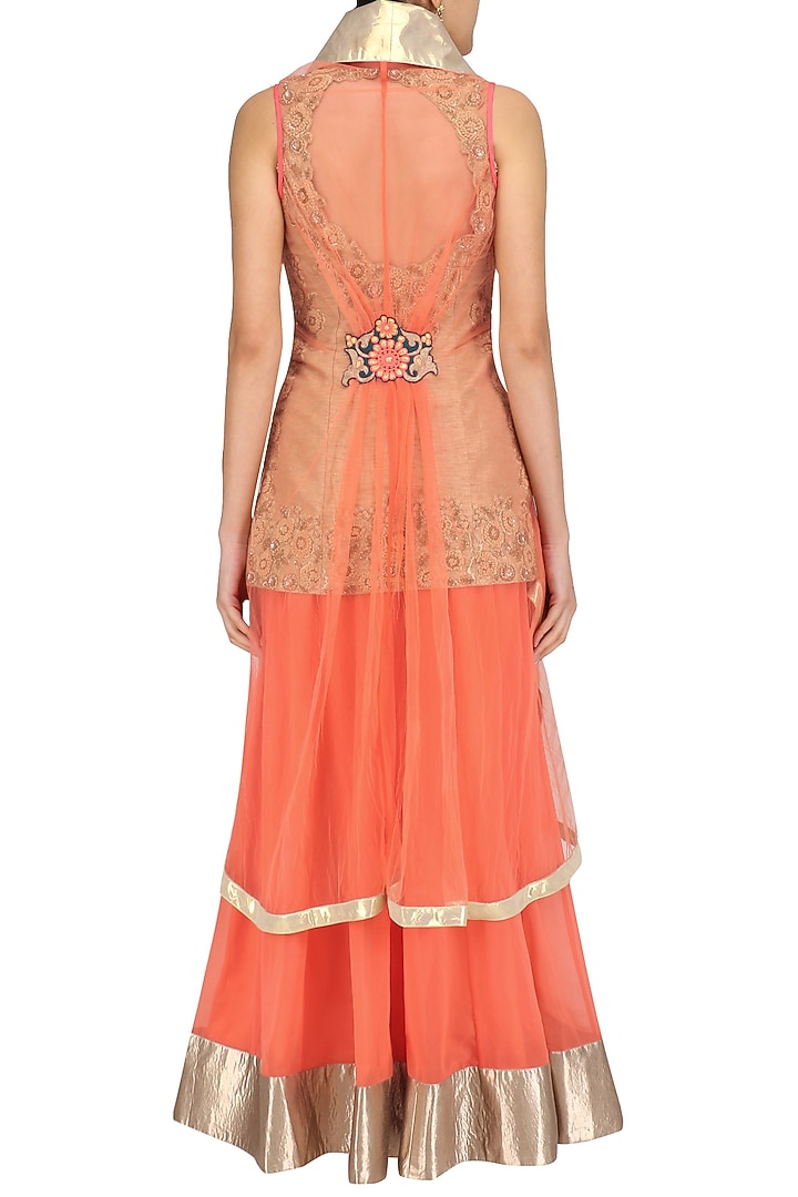 Gold embroidered long kurta with orange skirt and cape available only at Pernia's Pop Up Shop.