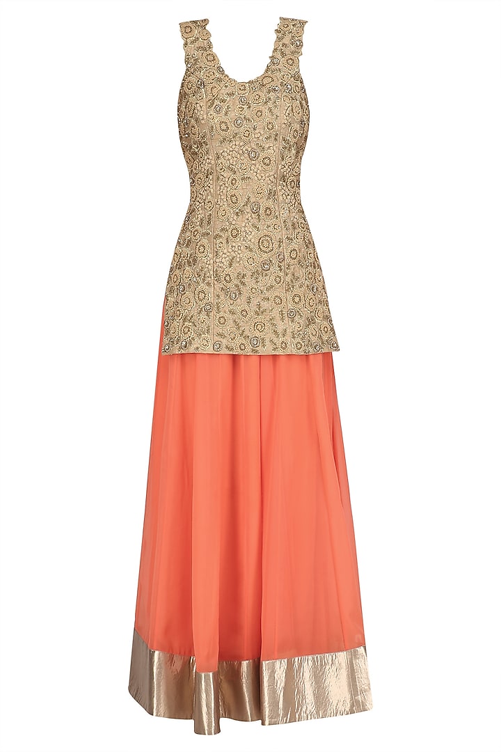 Gold embroidered long kurta with orange skirt and cape available only at Pernia's Pop Up Shop.
