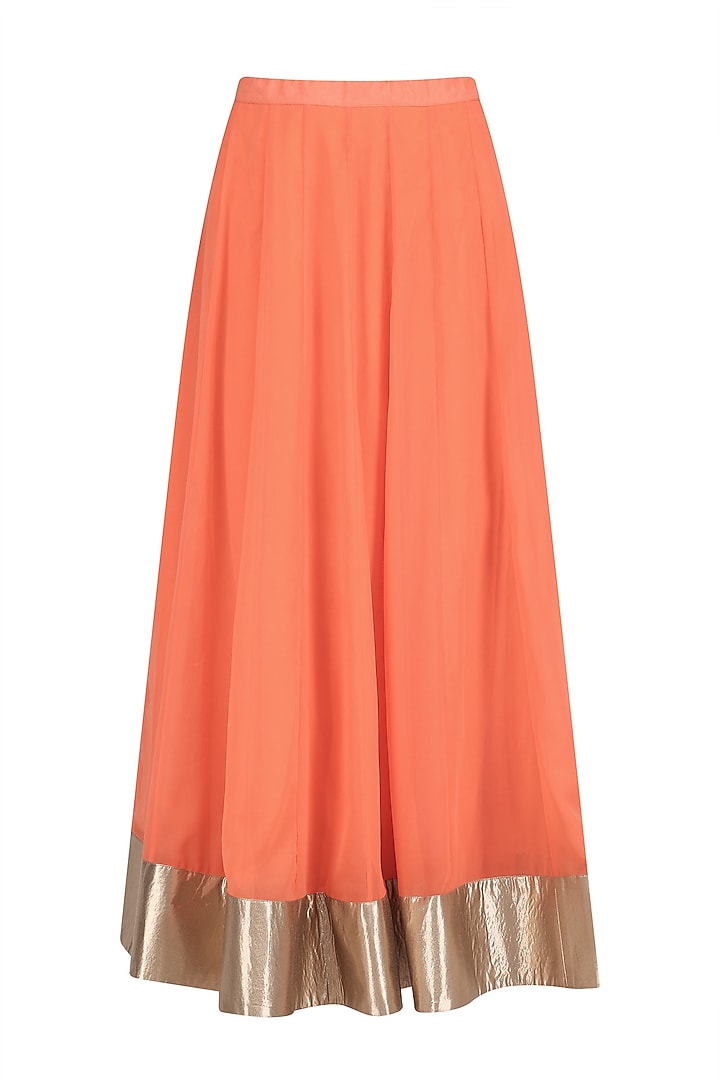 Gold embroidered long kurta with orange skirt and cape available only at Pernia's Pop Up Shop.