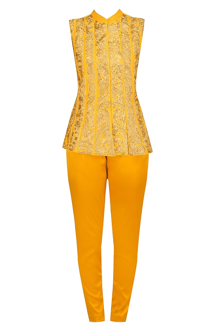 Yellow Embroidered Jacket and Fitted Pants Set by Aharin India