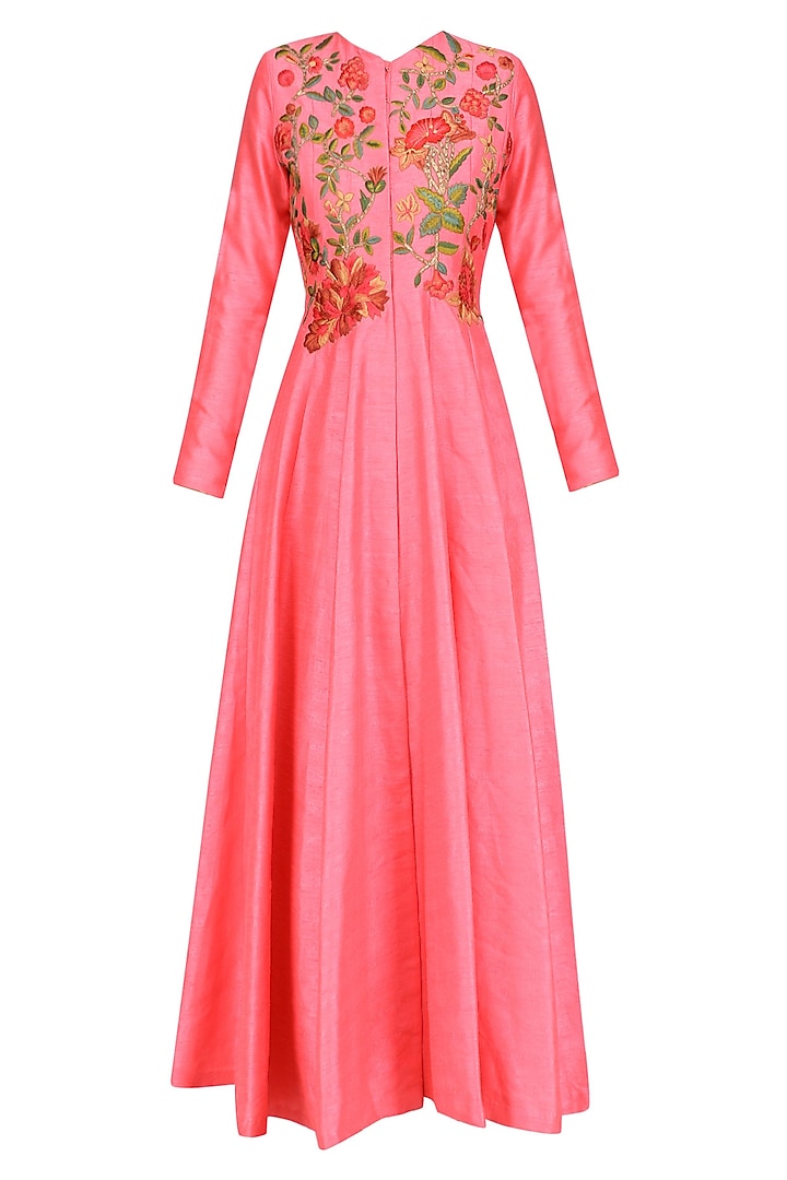 Pink Floral Embroidered Long Kurta Jacket by Aharin India