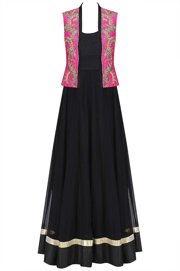 Black Anarkali and Palazzo Pants with Floral Embroidered Jacket by Aharin India