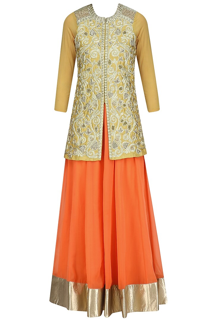Golden Zari Embroidered Jacket with Coral Lehenega Skirt by Aharin India