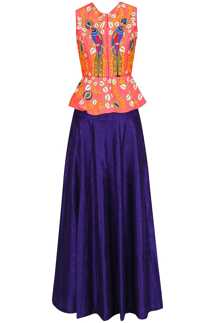 Pink dori and resham embroidered peplum jacket with blue lehenga skirt available only at Pernia's Pop Up Shop.