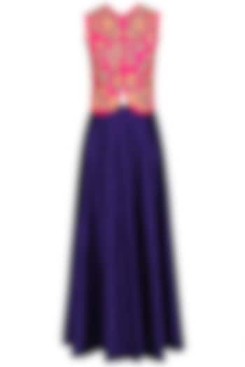 Pink gota patti embroidered jacket with blue lehenga skirt available only at Pernia's Pop Up Shop.