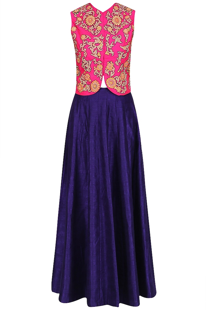Pink gota patti embroidered jacket with blue lehenga skirt available only at Pernia's Pop Up Shop.
